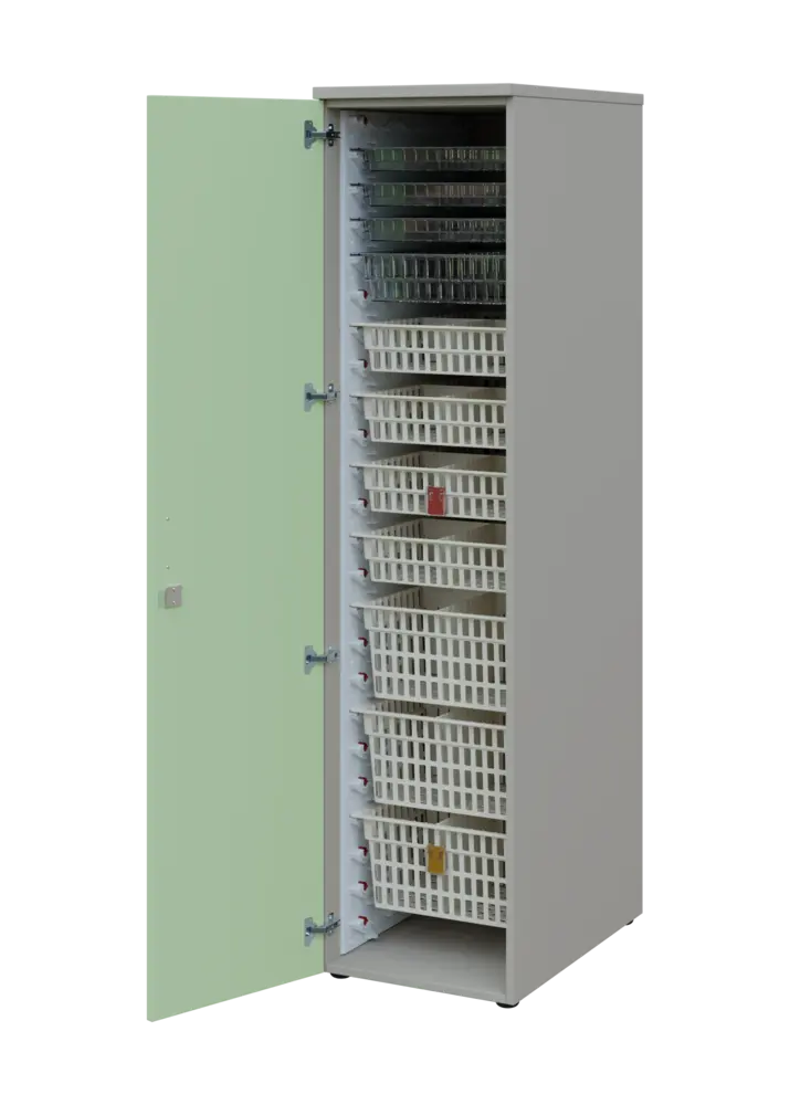 EUROMEDICA D - 46 skříň léková boxová, 1-dveřová, levá, 1950x460x735, korpus šedý, dvířka šedo-zelinkavá